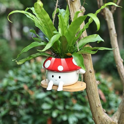 Fungi Fun Mushroom Hanging Planter Pot, Cute Ceramic Swing Face Planter for Indoor & Outdoor, Unique Mushroom Planters for Succulents, String of Pearls Plant, Small Hanging Planters Red & White