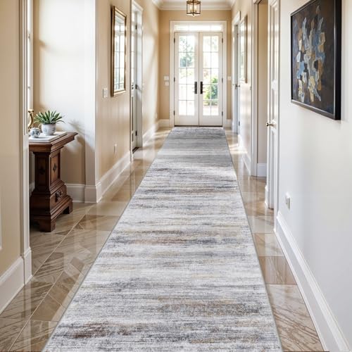 3x12 Washable Hallway Runner Rug: Extra Long Runners for Entryway Living Room Dining Room - Stain and Water Resistant Rugs with Non-Slip Backing - Soft Low-Pile Carpet 12ft Beige Grey - color: Beige/Grey, size: 3' x 12' (Runner)