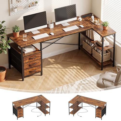 Alpen L Shaped Computer Desk, 55 Inch Corner Desk with Drawers and Power Outlets, Home Office Desk for Gaming, Study Writing PC Table with Storage and Reversible Shelf, Brown - color: Brown, size: 55 Inches Without Led Lights