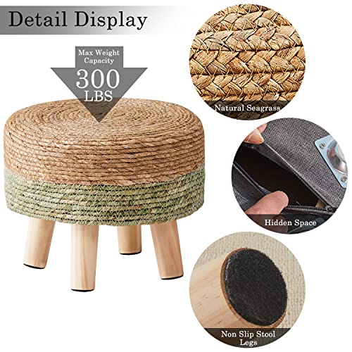 Cpintltr Ottoman Natural Seagrass Footrest Poufs Hand Weave Round Foot Stool for Couch Desk Soft Step Stool Padded Foot Rest with Pine Legs for Living Room Bedroom Natural/Green - color: Green