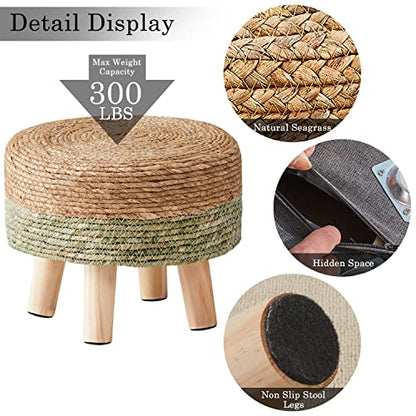 Cpintltr Ottoman Natural Seagrass Footrest Poufs Hand Weave Round Foot Stool for Couch Desk Soft Step Stool Padded Foot Rest with Pine Legs for Living Room Bedroom Natural/Green - color: Green
