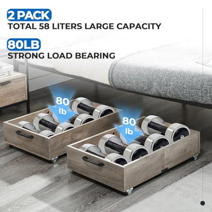 2-Pack Under Bed Storage Drawers with Wheels, Brownish-Gray | 58L total capacity, 80 lb per Drawer, Fits 6 in Bed Clearance, Rolling Drawers for Shoes, Clothes, Linens, Toys - color: Brownish-Gray