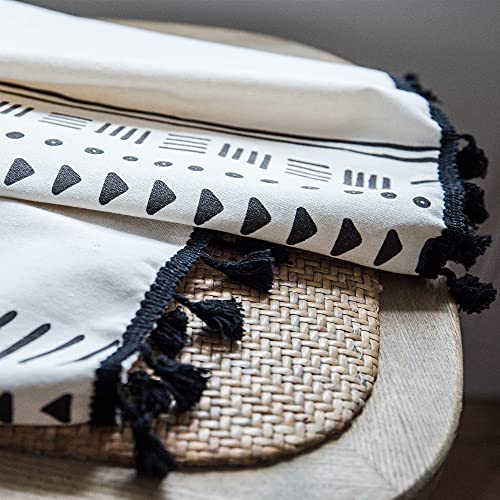 Deeprove Boho Curtains 84 Inches Long, Cream White and Black Bohemian Geometric Print with Tassel, Cotton Linen Semi-Blackout Window Fringe Drape for Bedroom Living Room, Rod Pocket, 1 Panel, 59"x84" - color: Cream & Black Boho, size: 59"W x 84"L (Pack of