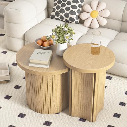 Nesting Coffee Tables Set of 2,Farmhouse Small Round Side Tables | 17.6" End Table with Wooden Fluted,Stacking coffee tables Space Saving Sofa Table for Living Room,Easy Assembly - color: Small Size-set