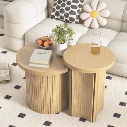 Nesting Coffee Tables Set of 2,Farmhouse Small Round Side Tables | 17.6" End Table with Wooden Fluted,Stacking coffee tables Space Saving Sofa Table for Living Room,Easy Assembly - color: Small Size-set