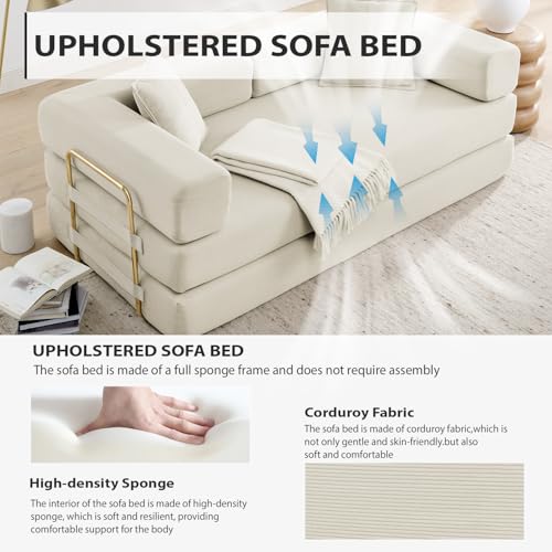 HANXIN 78 Inch Convertible Sleeper Sofa Bed, Folding Floor Mattress Couch with Fixed-Shape Frame, Futon Boneless Couch Lounge Loveseat with Pull Out Bed, No Assembly Required (Beige) - color: Beige, size: 78" Loveseat Sofa Bed
