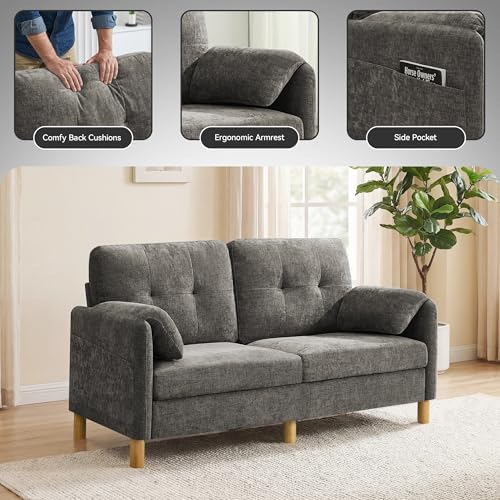 Mid Century Modern Couch, 65" Loveseat Sofa, Light Grey | Storage Pockets, Upholstered Small Loveseat for Small Spaces, Bedroom, Home Office, Apartments - color: Light Grey