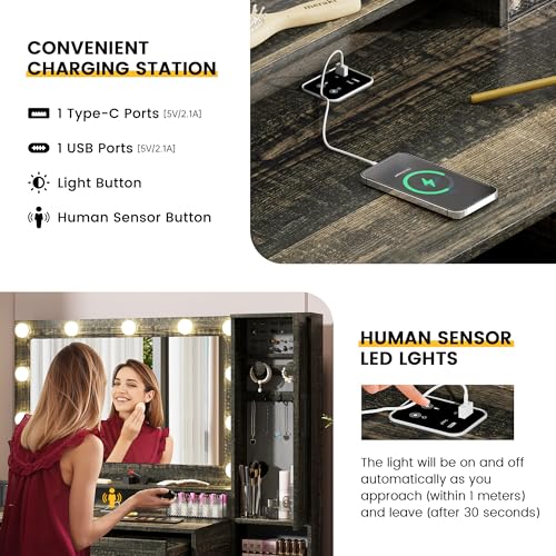 TAGELIER Vanity Desk Mirror with 11 Hollywood Blubs & Charging Station | 3 in 1 Farmhouse Lighted Vanity Table with Drawers & Shelves, Rustic Big Makeup Desk for Bedroom, Cloakroom, Dark Oak - style: Dark Oak-40