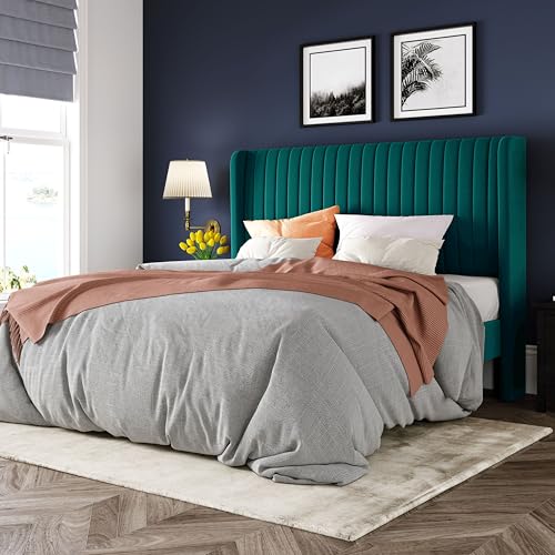 Allewie Queen Size Bed Frame/Velvet Upholstered Platform Bed/Vertical Channel Tufted Wingback Headboard/Strong Wooden Slats/No Box Spring Needed/Easy Assembly/Teal - color: Teal, size: Queen