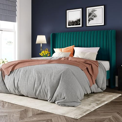 Allewie Queen Size Bed Frame/Velvet Upholstered Platform Bed/Vertical Channel Tufted Wingback Headboard/Strong Wooden Slats/No Box Spring Needed/Easy Assembly/Teal - color: Teal, size: Queen