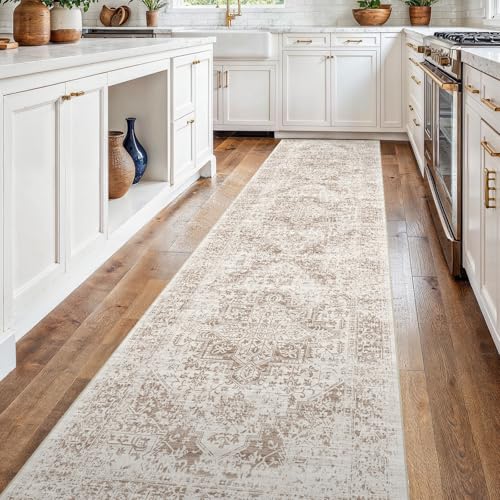 2'6"x14 Washable Long Runner Rug: Vintage Non Slip Hallway Rug IvoryBeige | Low Pile Rubber Backing Easy Clean Stain Resistant Design for Kitchen Entryway Living Room Laundry Room and Home Decor - color: Ivory/Beige, size: 2'6" x 14' (Runner)