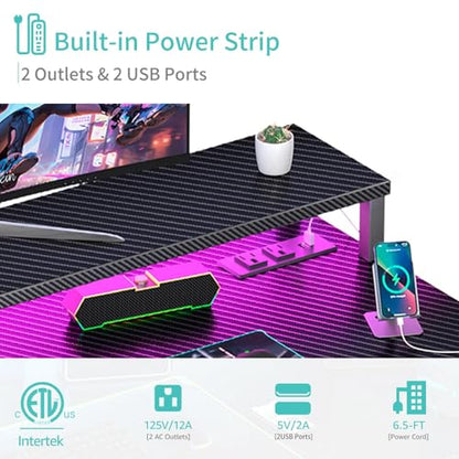 Lufeiya Gaming Desk with Power Outlets and LED Lights, 40 Inch Gamer Desk Table with Charging Station, Home Office Computer Desks with Monitor, Black - color: Carbon Fiber Black, size: 39.4"