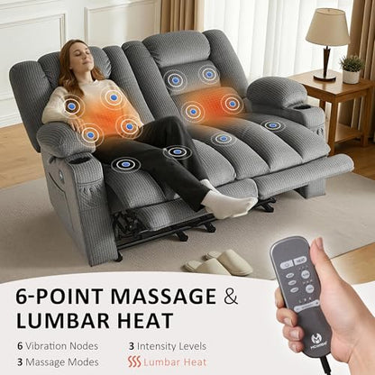 MCombo 56 in Reclining Loveseat Recliner with Heat & Massage PR648 (Grey) | 155° Zero Gravity, Dual Charging Ports, Cup Holders, FSC & OEKO Certified - color: Grey, size: Loveseat Recliner with Zero Gravity