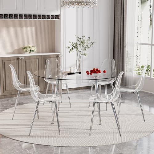 Baysitone Clear Dining Chairs Set of 6, Modern Kitchen Chairs with Transparent Seat, Acrylic Accent Side Chairs with Silver Metal Legs for Dining Room, Kitchen, Living Room - color: Silver, size: Set of 6