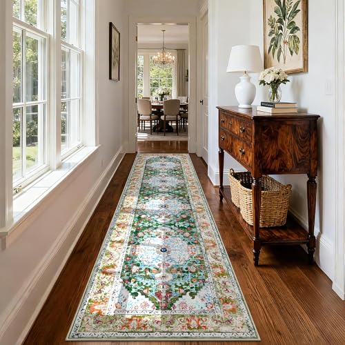 U'Artlines 3'x12' Boho Hallway Runner Rug Non Slip Washable Runners,Green | Vintage Farmhouse Kitchen Rug Accent Area Carpet for Entryway, Dining Room and Living Room - color: Green, size: 3' x 12' (Runner)