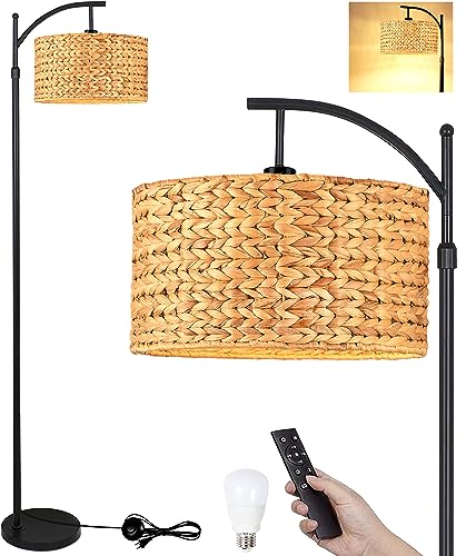 QIYIZM Floor Lamp for Living Room Bedroom Farmhouse Arc Rattan Boho Standing Lamp with Remote Dimmable Black Wicker Bamboo Lamp Shade Floor Light Adjustable Tall Lamp Industrial Floor Lamps Bohemian - size: 1-Floor Lamp
