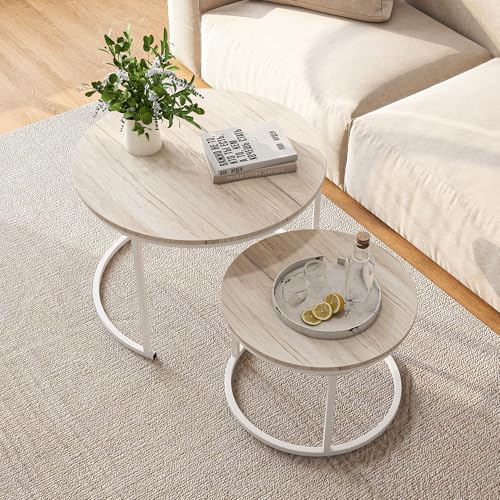 HOJINLINERO Round Coffee Table,Nesting Coffee Table Set of 2,Center Tables for Living Room,Office, Home Small Space,Stacking Side Tables,Sturdy and Easy Assembly,Wood Desktop,Oak+White,Large - color: Wh-oak, size: Large