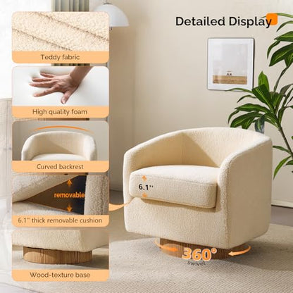 VINGLI 360°Swivel Accent Chairs Set of 2 with Engineered Wood Base and Removable Cushion for Living Room, Bedroom, Curved Back Barrel Chairs for Small Space, Upholstered Bucket Armchairs, Teddy Khaki - color: Teddy-khaki