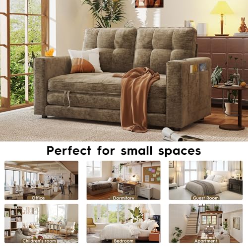 55" Convertible Folding Sofa Bed, Pull Out Couch Love Seat Sleeper Bed, Small Fold Out Loveseat sleeper with Cup Holder and Pillow for Small Space, Bedroom Lounge, Dorm, Living Room(Brown Chenille) - color: Brown