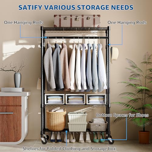 M MZG Heavy Duty Rolling Garment Rack 3 Tiers Adjustable Wire Shelving Clothes Rack with Rods and Side Hooks,Storage Closet Clothing Rack with Wheels Black 15.7" D x 29.5" W x 74.5" H - color: Black, size: 3 Tier with 1 rod, 15.7"D x 29.5"W x 74.5"H