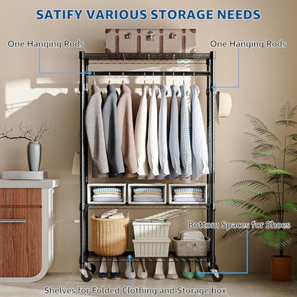 M MZG Heavy Duty Rolling Garment Rack 3 Tiers Adjustable Wire Shelving Clothes Rack with Rods and Side Hooks,Storage Closet Clothing Rack with Wheels Black 15.7" D x 29.5" W x 74.5" H - color: Black, size: 3 Tier with 1 rod, 15.7"D x 29.5"W x 74.5"H