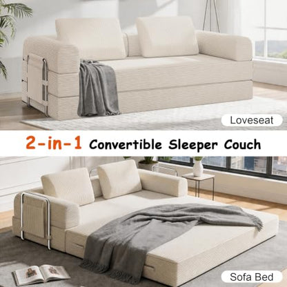 78" Convertible Sofa Bed, Corduroy Pull Out Couch with Fixed Frame & Pocket | 5-in-1 Boneless Sleeper Sofa, Couch Bed with 2 Pillows, Living Room, Small Spaces, Bedroom, No Assembly - color: 78''beige