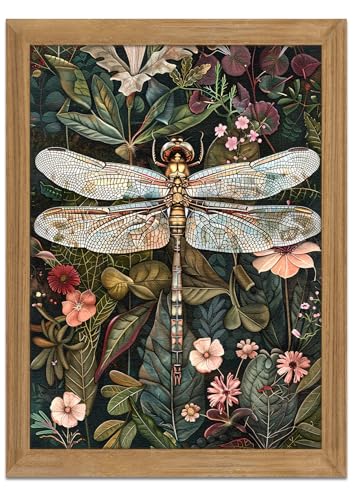 Framed Vintage 3D Textured Wall Art - Dark Green Dragonfly Flowers Wall Decor - Hand Drawn Sandstone Nature Botanical Pictures for Living Room Bedroom Home Decor 12x16in - color: Colorful dragonfly, size: 16"L x 12"W