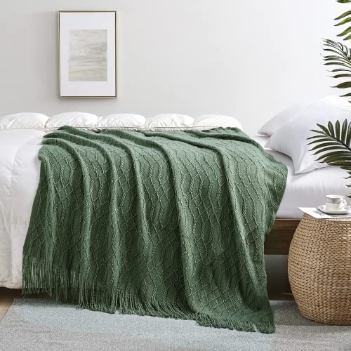 KASYLAN Acrylic Knitted Throw Blanket for Sofa Bed 50x60 Inch Green | Ultra soft acrylic knit, lightweight warm, multi-scene for sofa couch bed, machine washable, breathable textured throw - color: Rhombu-green