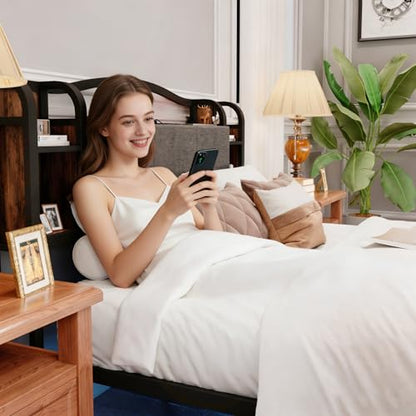 AROMUSTIM Queen Size Bed Frame with LED Lights & Charging Station | Upholstered Headboard & Footboard, No Box Spring Needed, Noise-Free Easy Assembly, Large Under Bed Storage - size: Queen