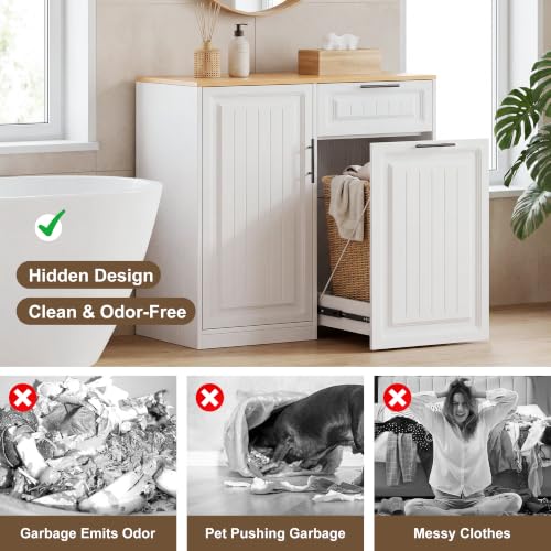 ZIFTY Pull Out Trash Can Cabinet with Storage, 13 Gallon Trash Can, White | Pet Proof, Freestanding Kitchen Cabinet, Drawer & Adjustable Shelf, Garbage Recycling, Modern Farmhouse Waste Bin Furniture - color: White, size: 34.3"W X 16.3"D X 33.5"H