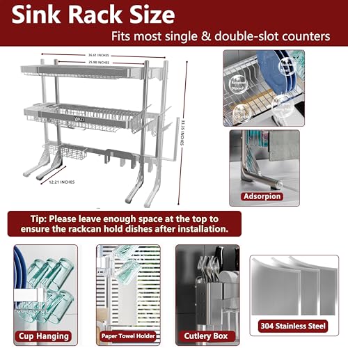 VNKZI Over Sink Dish Drying Rack, 3 Tier Full Stainless Steel Storage Adjustable Length (25.98'' to 36.61'') Kitchen Rack, Multifunctional Expandable Counter Organizer, Space Saver Dish Rack
