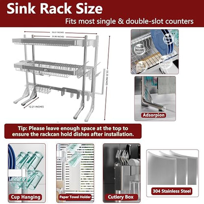 VNKZI Over Sink Dish Drying Rack, 3 Tier Full Stainless Steel Storage Adjustable Length (25.98'' to 36.61'') Kitchen Rack, Multifunctional Expandable Counter Organizer, Space Saver Dish Rack