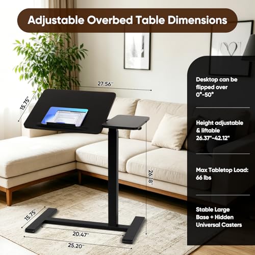 Adjustable Overbed Table with Wheels, Rolling Laptop Table for Bed & Sofa | Rolling Bedside Laptop Desk for Hospital Bed Home Office, Height Adjustable Bed Table for Eating Working Reading - color: Black