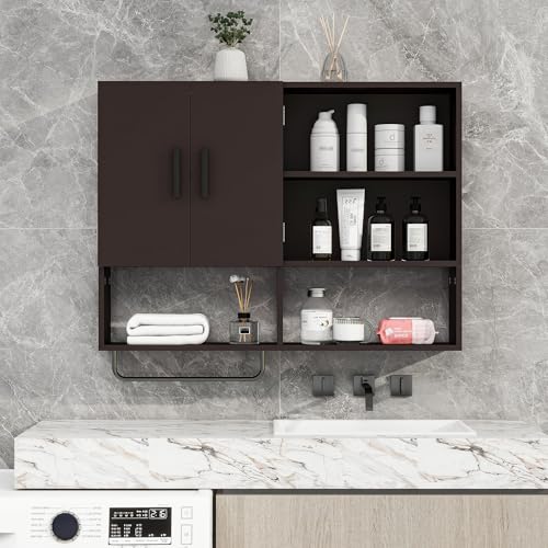 Bathroom Wall Cabinet with Towel Bar & 2 Doors, Espresso - color: Espresso