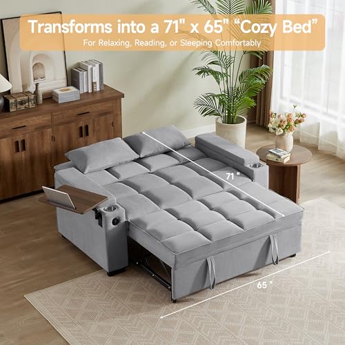 66" Multi-Functional Pull-Out Sofa Bed with Hidden Side Table, Storage Armrests, Built-in Charging Port, Spring Mattress, Solid Wood Frame – Ideal for Small Spaces, Easy Assembly - color: 1007-grey