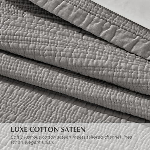 EVERGRACEHOME Cotton Sateen Channel Quilt Set, King Size, Fog Gray | 100% Cotton, Pre-Washed Soft Coverlet Bedspread, 3-Piece Refined Channel Stitch Bedding Set for All Season, 2 Pillow Shams - color: Fog Gray - Refined Channel, size: King (110" X 92")