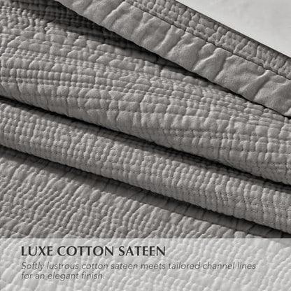 EVERGRACEHOME Cotton Sateen Channel Quilt Set, King Size, Fog Gray | 100% Cotton, Pre-Washed Soft Coverlet Bedspread, 3-Piece Refined Channel Stitch Bedding Set for All Season, 2 Pillow Shams - color: Fog Gray - Refined Channel, size: King (110" X 92")