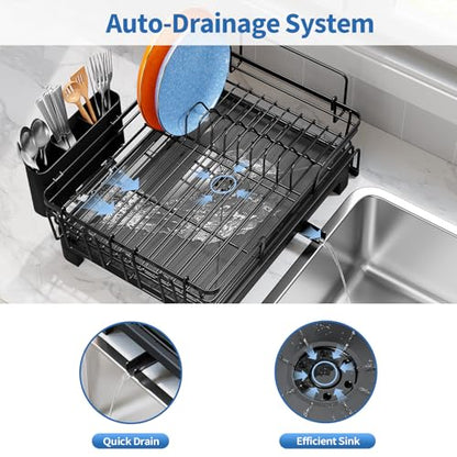 TOOLF Expandable Over The Sink Dish Drying Rack for Kitchen Counter, Black | Extend 12.56"-23.97"L,Stainless Steel & PP,Cups & Cutting Board Holder,Removable Utensil Holder,Adjustable Feet Fit Most Sink - size: 1-Tier(Side Extension)