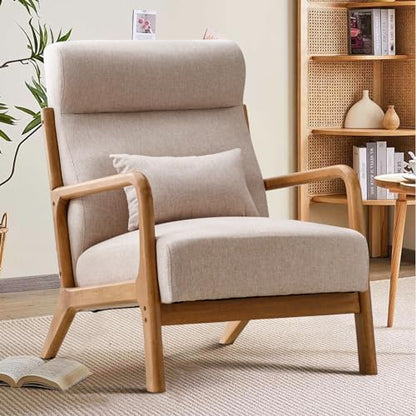 Mid Century Modern Accent Chair with High Back, Upholstered Living Room Chairs with Waist Cushion, Wood Frame Reading Armchair for Bedroom Sunroom, Beige - color: Beige