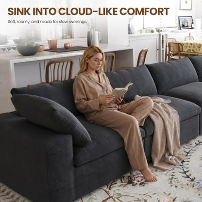 118" Cloud Modular Sofa, Convertible Modular 3 Seater Couch, Cotton Linen Fabric Sofa for Living Room, Apartment and Bedroom, Removable Covers, 2 Pillows, Black - color: Black, size: 3-Seater