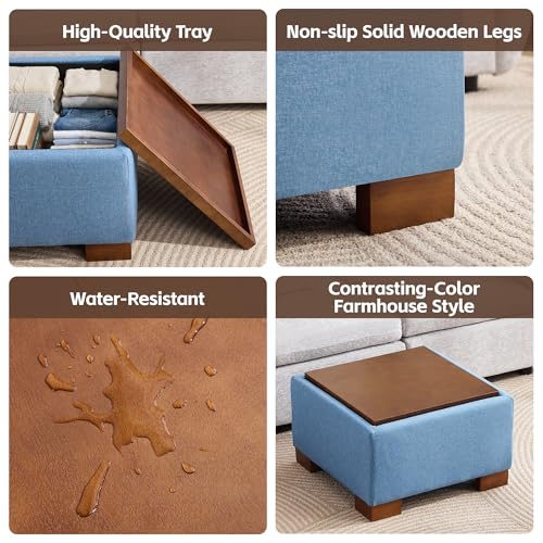 WUTUTUEE 24" Square Ottoman Coffee Table with Storage, Fabric Ottomans with Tray and Solid Wood Legs for Living Room, Bedroom and Apartments, Small Modern Ottoman Tea Table with Lift-Off Lid, Blue - color: 24'' Blue Fabric