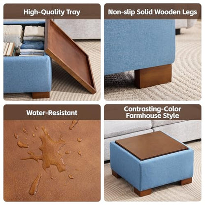 WUTUTUEE 24" Square Ottoman Coffee Table with Storage, Fabric Ottomans with Tray and Solid Wood Legs for Living Room, Bedroom and Apartments, Small Modern Ottoman Tea Table with Lift-Off Lid, Blue - color: 24'' Blue Fabric