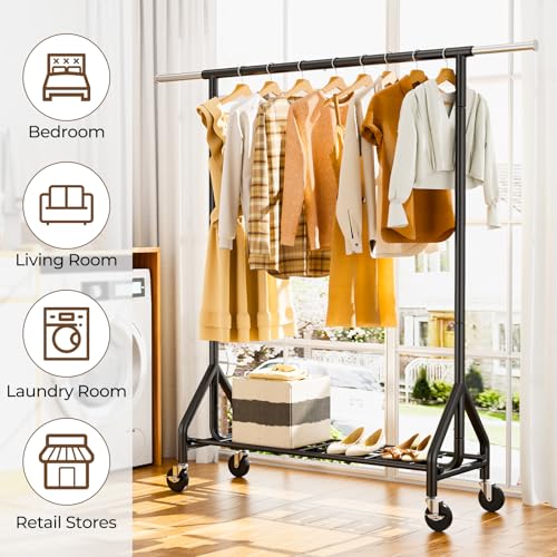 HYSEYY Heavy Duty Clothes Rack Load 450 LBS, Metal Garment Rack, Standing Rolling Clothing Rack for Hanging Clothes with Sturdy Wheels & Shelves, Portable Closet Wardrobe Rack,Black - color: Black