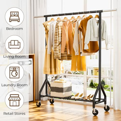 HYSEYY Heavy Duty Clothes Rack Load 450 LBS, Metal Garment Rack, Standing Rolling Clothing Rack for Hanging Clothes with Sturdy Wheels & Shelves, Portable Closet Wardrobe Rack,Black - color: Black