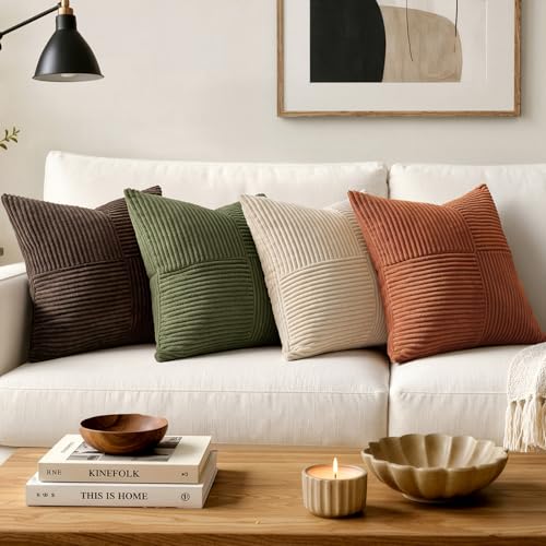 MIULEE Dark Brown Decorative Throw Pillow Covers for Couch 18x18 Inch | 2 Pack, Boho Farmhouse Pillow Covers, Soft Cross Corduroy Patchwork Textured Cushion Cases For Bed Sofa - color: Dark Brown, size: 18" x 18" (Pack of 2)