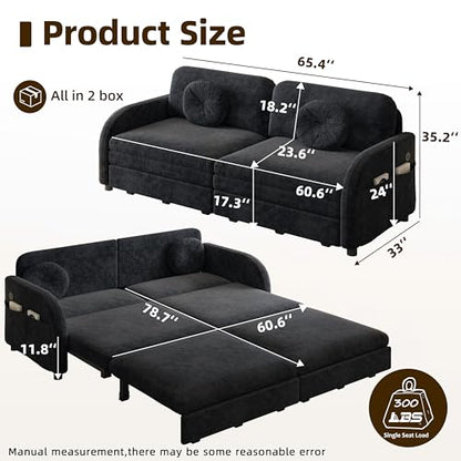 65.4'' Queen Size Sleeper Sofa Bed, 3-in-1 Pull Out Chenille Couch, Black | Cozy Curved Armrest, Loveseat with USB, 2 Round Pillows, Washable Cover, Pocket, for Living Room, Apartment, Small Spaces, RV - color: Black, size: 65.4'' Queen