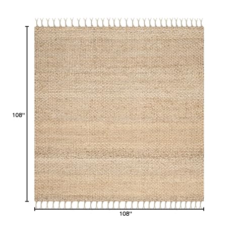 SAFAVIEH Natural Fiber Collection Area Rug - 9' Square, Natural, Handmade Farmhouse Fringe Jute, Ideal for High Traffic Areas in Living Room, Bedroom (NF733A) - size: 9' x 9' (Square)