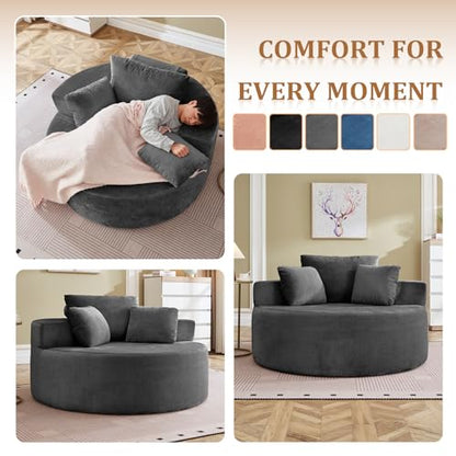 55" Oversized Round Chaise Longue Chair Indoor, Upholstered Terry Circle Single Cloud Reading Sofa Chair Deep Seat Modern Boneless Sleeper Couch No Assembly Required, Grey - color: Grey, style: 55"Terry