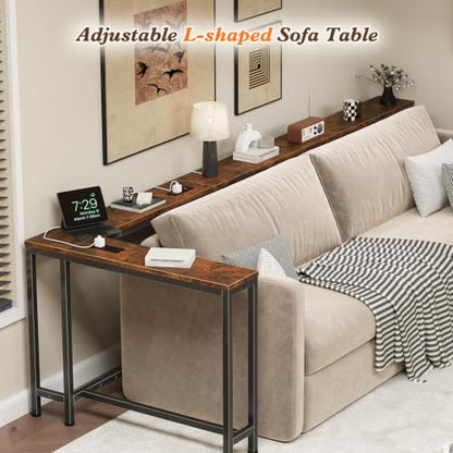 110.2" Narrow Adjustable Console Table with 2 Outlets, 39.3"-51.2" Adjustable Length U Shaped Table Behind Couch, 4 Assembly Options, Extra-Long L Shaped Entryway Tables for Living Room, - color: Rustic Brown