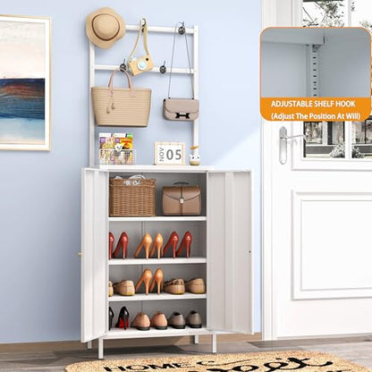 2in1 Hall Tree Shoe Cabinet for Entryway, Hallway, and Living Room,Metal Shoe Coat Rack Cabinet with 3 Adjustable Shelf,Shoe Storage Organizer with Hanging Bar & Hooks (Cabinet With Coat Rack, white) - color: White, style: Cabinet With Coat Rack